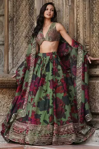 tantalizing green floral printed organza mehendi lehenga set choli with dupatta