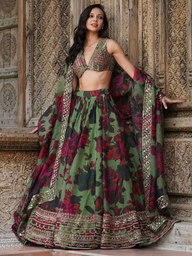 tantalizing green floral printed organza mehendi lehenga set choli with dupatta