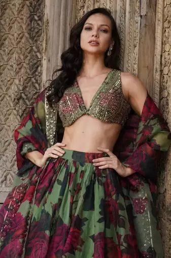 tantalizing green floral printed organza mehendi lehenga set choli with dupatta