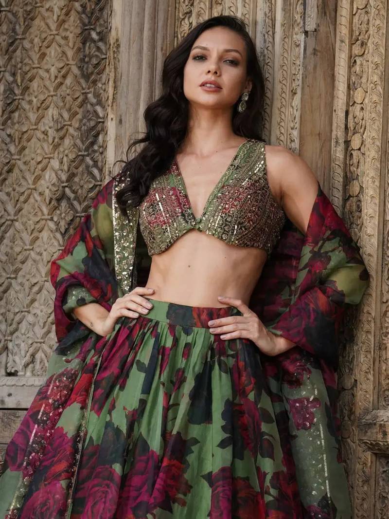 tantalizing green floral printed organza mehendi lehenga set choli with dupatta