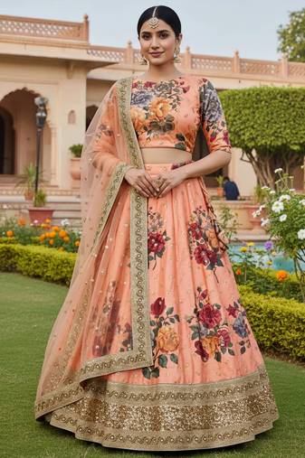 peach floral printed art silk lehenga set choli with dupatta with dupatta