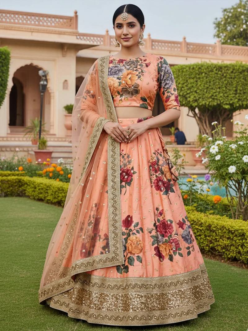peach floral printed art silk lehenga set choli with dupatta with dupatta