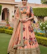 peach floral printed art silk lehenga set choli with dupatta with dupatta