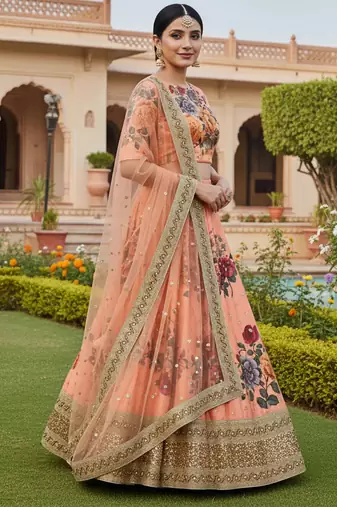 peach floral printed art silk lehenga set choli with dupatta with dupatta