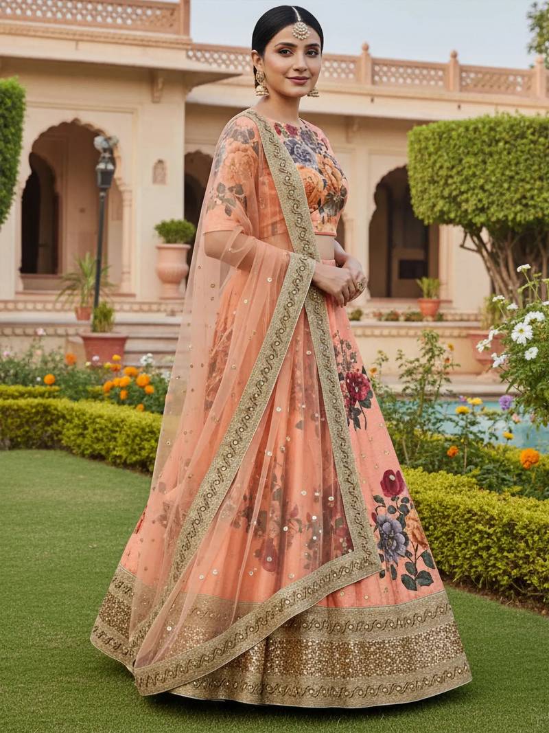 peach floral printed art silk lehenga set choli with dupatta with dupatta