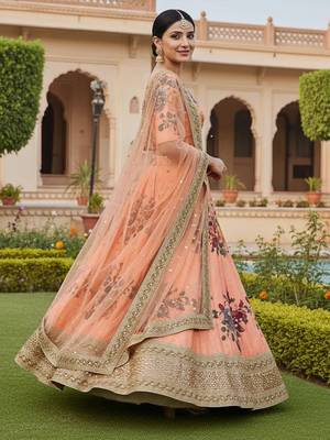 peach floral printed art silk lehenga set choli with dupatta with dupatta 3