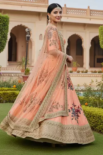 peach floral printed art silk lehenga set choli with dupatta with dupatta