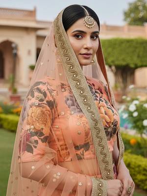 peach floral printed art silk lehenga set choli with dupatta with dupatta 4