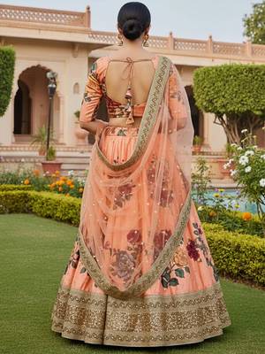 peach floral printed art silk lehenga set choli with dupatta with dupatta 5