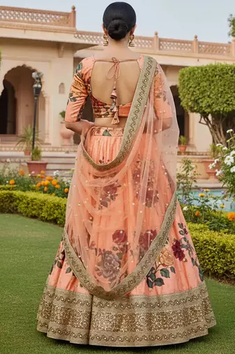 peach floral printed art silk lehenga set choli with dupatta with dupatta