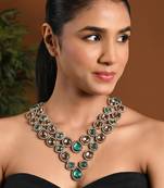 Gold plated traditional designer kundan long adjustable necklace for women (ij069g)