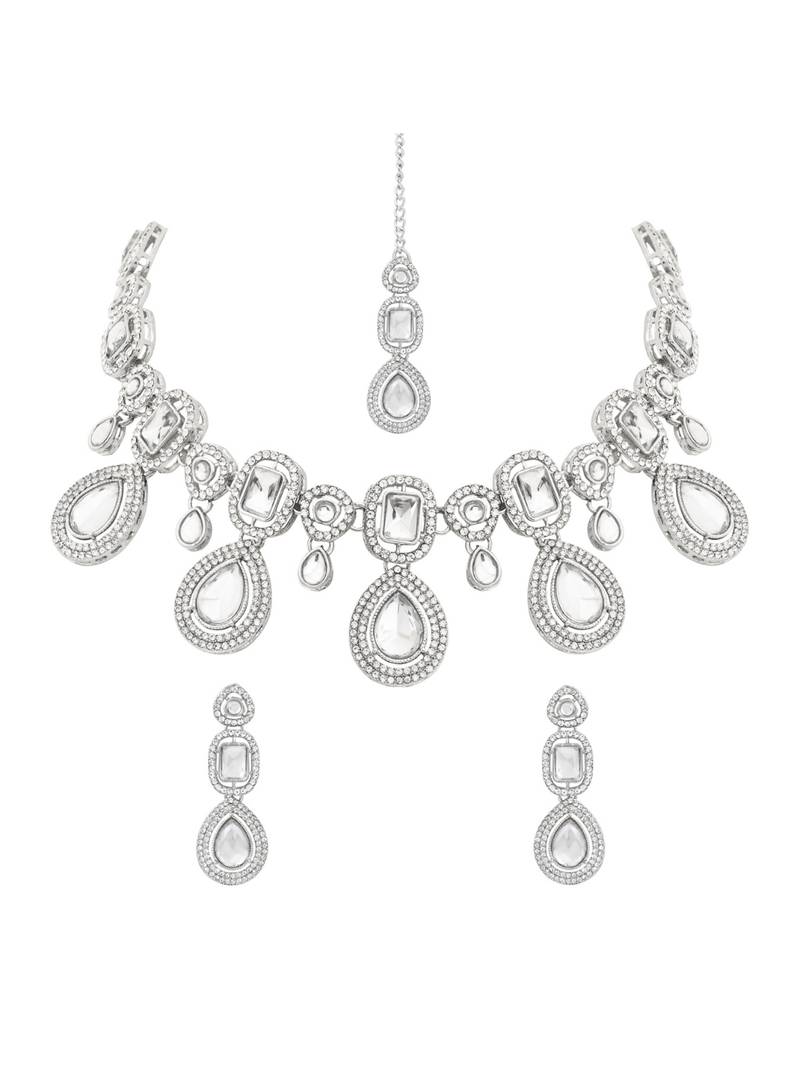 Traditional kundan & stone choker necklace jewellery with earrings & maang tikka set for women/girls (silver)