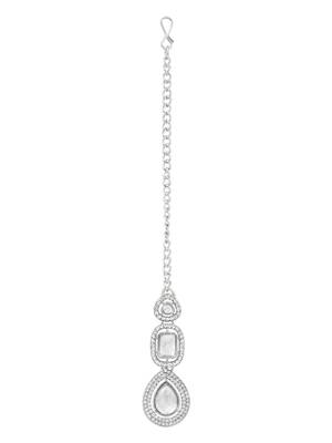 Traditional kundan & stone choker necklace jewellery with earrings & maang tikka set for women/girls (silver) 4