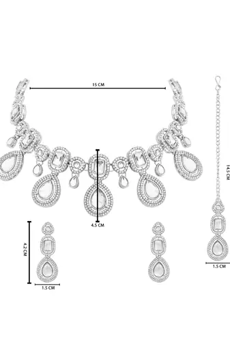 Traditional kundan & stone choker necklace jewellery with earrings & maang tikka set for women/girls (silver)