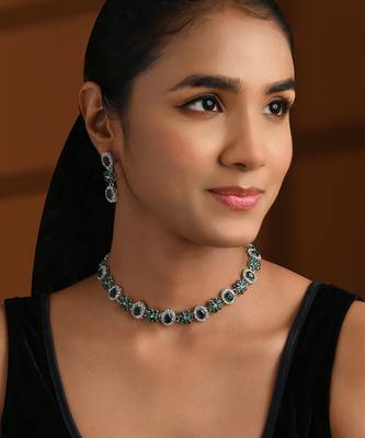 Silver plated traditional stone design necklace set with earrings & maang tika for women (silver green) 1