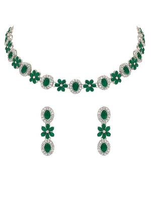 Silver plated traditional stone design necklace set with earrings & maang tika for women (silver green) 2