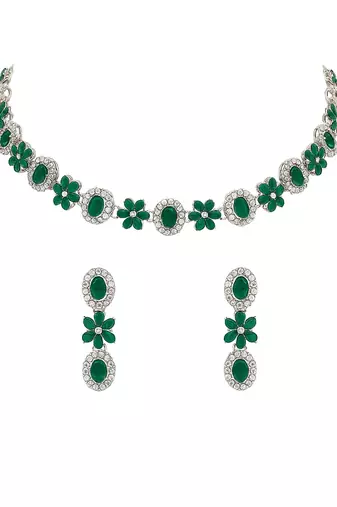 Silver plated traditional stone design necklace set with earrings & maang tika for women (silver green)