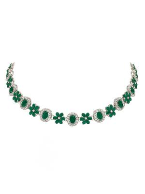 Silver plated traditional stone design necklace set with earrings & maang tika for women (silver green) 3