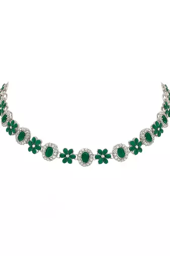 Silver plated traditional stone design necklace set with earrings & maang tika for women (silver green)