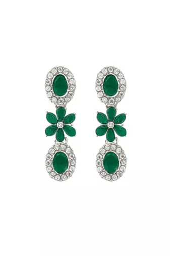 Silver plated traditional stone design necklace set with earrings & maang tika for women (silver green)