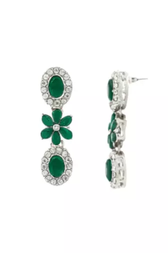 Silver plated traditional stone design necklace set with earrings & maang tika for women (silver green)
