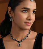 Silver plated traditional stone design necklace set with earrings & maang tika for women (ij399zg)