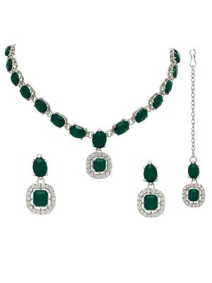 Silver plated traditional stone design necklace set with earrings & maang tika for women (ij399zg) 2