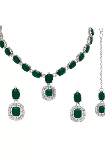 Silver plated traditional stone design necklace set with earrings & maang tika for women (ij399zg)