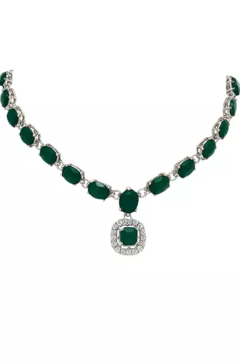 Silver plated traditional stone design necklace set with earrings & maang tika for women (ij399zg)