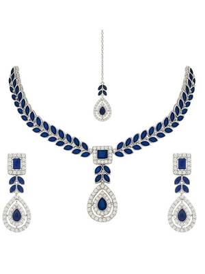 Silver plated elegant leaf motif necklace set with earrings & maang tika for women (ij402zmo) 2