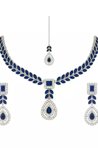 Silver plated elegant leaf motif necklace set with earrings & maang tika for women (ij402zmo)