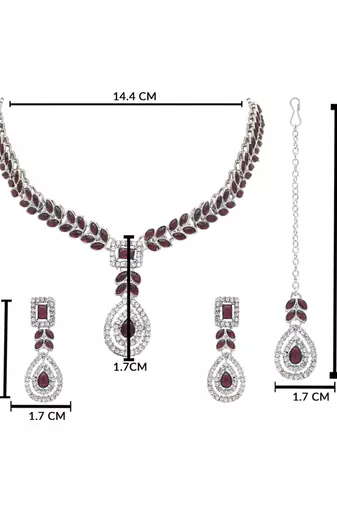 Silver plated elegant leaf motif necklace set with earrings & maang tika for women (ij402zwi)