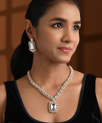 Gold plated classic square motif necklace set with earrings for women (ij404w) 1