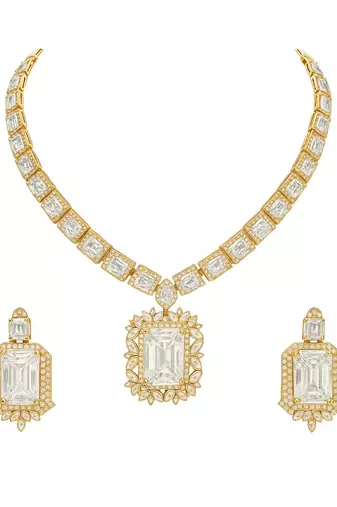 Gold plated classic square motif necklace set with earrings for women (ij404w)