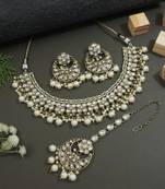 Gold plated traditional floral kundan pearl choker necklace jewelry earrings & maang tikka set for women (white)