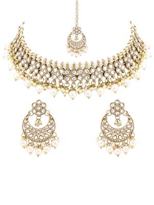Gold plated traditional floral kundan pearl choker necklace jewelry earrings & maang tikka set for women (white) 2