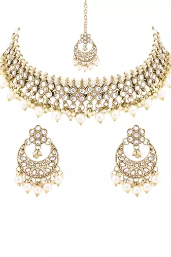 Gold plated traditional floral kundan pearl choker necklace jewelry earrings & maang tikka set for women (white)
