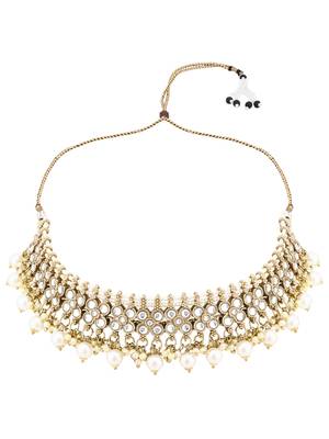 Gold plated traditional floral kundan pearl choker necklace jewelry earrings & maang tikka set for women (white) 3