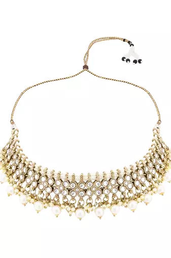 Gold plated traditional floral kundan pearl choker necklace jewelry earrings & maang tikka set for women (white)