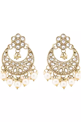 Gold plated traditional floral kundan pearl choker necklace jewelry earrings & maang tikka set for women (white)