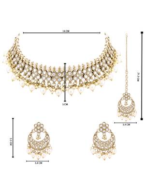 Gold plated traditional floral kundan pearl choker necklace jewelry earrings & maang tikka set for women (white) 5