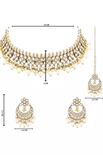 Gold plated traditional floral kundan pearl choker necklace jewelry earrings & maang tikka set for women (white)