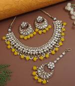 Gold plated traditional floral kundan pearl choker necklace jewelry earrings & maang tikka set for women (yellow)