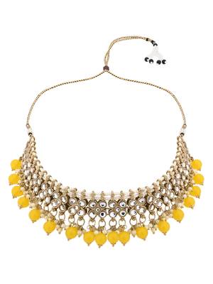 Gold plated traditional floral kundan pearl choker necklace jewelry earrings & maang tikka set for women (yellow) 3