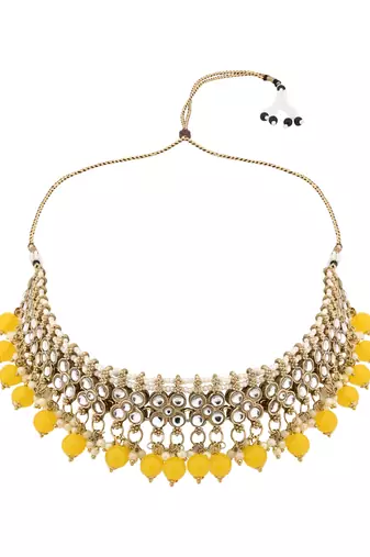 Gold plated traditional floral kundan pearl choker necklace jewelry earrings & maang tikka set for women (yellow)