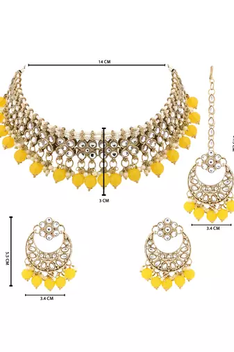 Gold plated traditional floral kundan pearl choker necklace jewelry earrings & maang tikka set for women (yellow)
