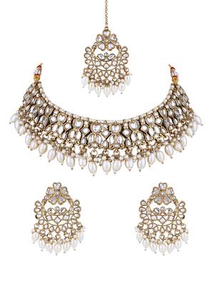 Gold plated traditional kundan & pearl drop choker necklace jewellery & dangle earrings set for women (k7289w) 2