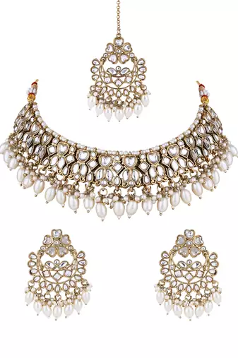 Gold plated traditional kundan & pearl drop choker necklace jewellery & dangle earrings set for women (k7289w)