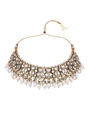 Gold plated traditional kundan & pearl drop choker necklace jewellery & dangle earrings set for women (k7289w) 3