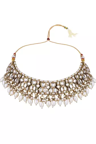 Gold plated traditional kundan & pearl drop choker necklace jewellery & dangle earrings set for women (k7289w)